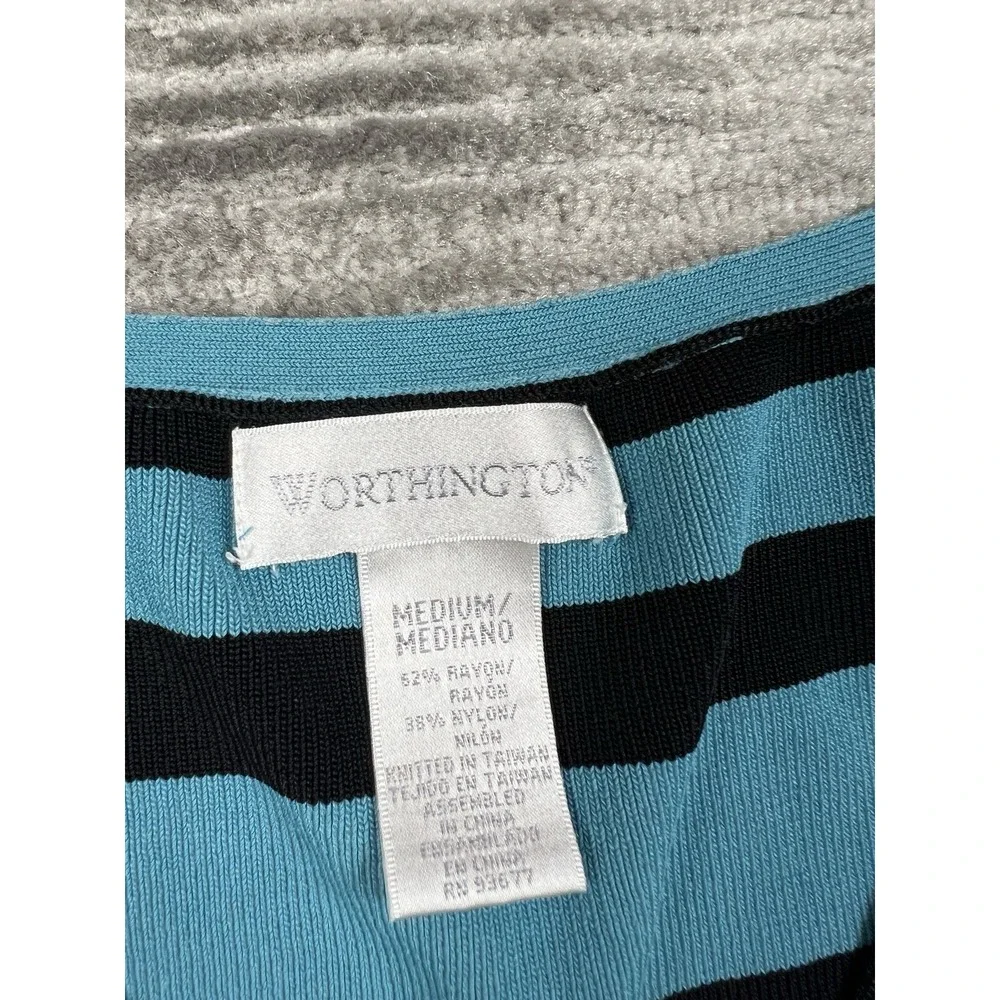 Vintage Worthington Top Womens Medium Blue Black Striped V-Neck Sleeveless‎